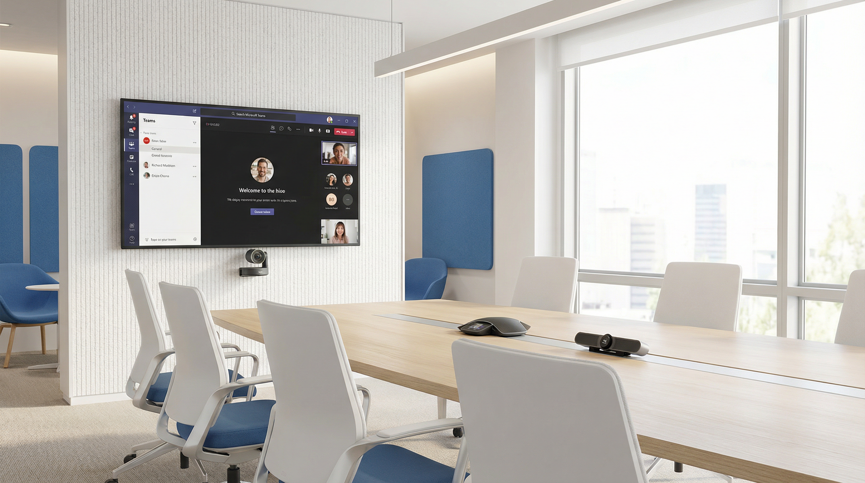 現代化會議室示意圖,展示 Microsoft Teams 整合的視訊會議設備